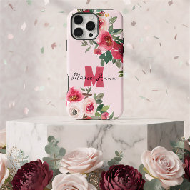 Funda Para iPhone 16 Pro Max Chic Rosa Acuarela Burgundy Floral Nombre Personal