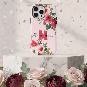 Funda Para iPhone 16 Pro Max Chic Rosa Acuarela Burgundy Floral Nombre Personal