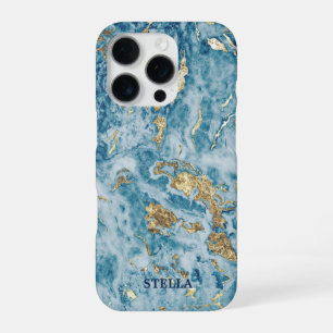 Funda Para iPhone 16 Pro Chic Tendencia Azul Dorado Textura Personalizado