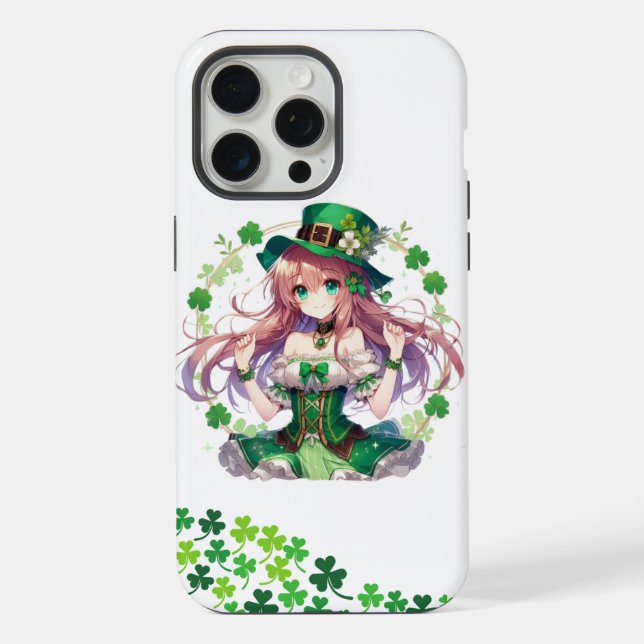 Funda Para iPhone Chica de anime del trébol del Día de San Patricio (Reverso )