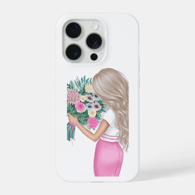 Funda Para iPhone Chica de moda chic sosteniendo un ramo floral rosa (Reverso )