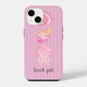 Funda Para iPhone 14 Chica de Playa Coqueta Acuarela Conchas y Perlas
