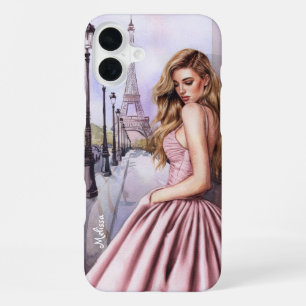 Funda Para iPhone 16 Plus Chica Elegante y Bonita cerca de la Torre Eiffel,
