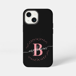 Funda Para iPhone 13 Mini Chica Moderna Rosa Negro Nombre Script Monograma 