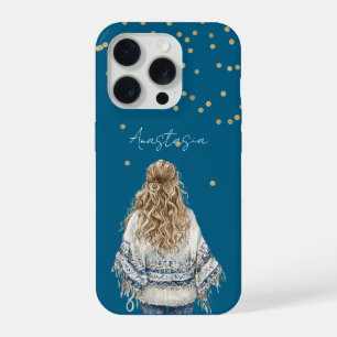 Chica Rubia Suéter Azul Confeti Dorado