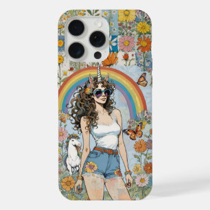 Chica unicornio con flor de arcoíris y caballos
