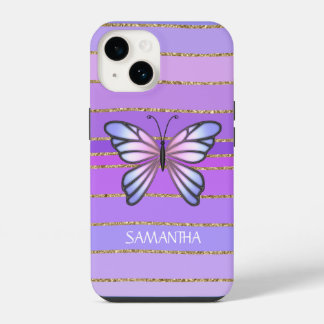 Funda Para iPhone 14 Chicas de rayas de mariposa moradas de oro rosa