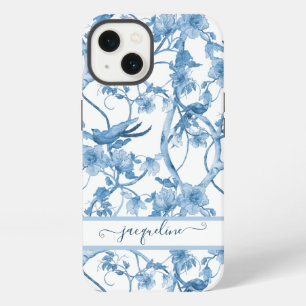 Chinoiserie Floral Pájaro Azul Polvoriento y Escri