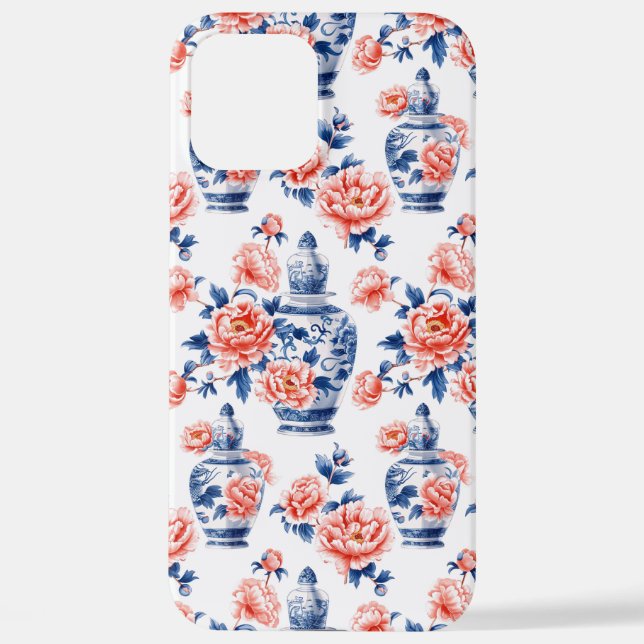 Funda Para iPhone Chinoiserie Grandmillenial Jarrón de jengibre Peon (Reverso )