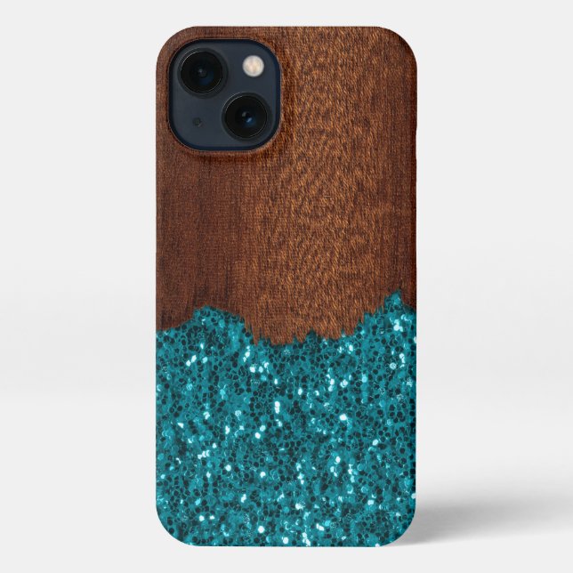 Funda Para iPhone Chispas azul Aqua chispas de madera marrón rústica (Reverso )