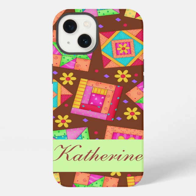 Funda Para iPhone Chocolate Brown Green Patchwork QuilBlock Art (Reverso )