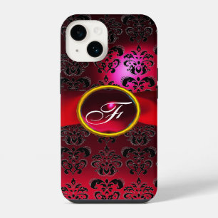 Funda Para iPhone 14 CINTA roja borgoña con MONOGRAMA de niña DAMASK
