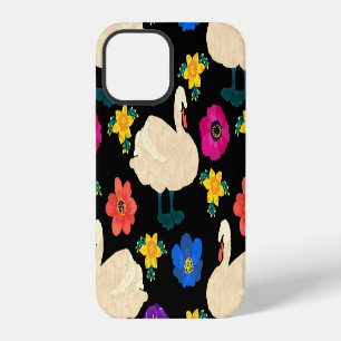 Funda Para iPhone 12 Cisnes, flores, fondo negro dibujado a mano.