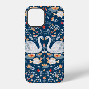 Funda Para iPhone 12 Cisnes, peces, flores de fondo azul. Decorativo