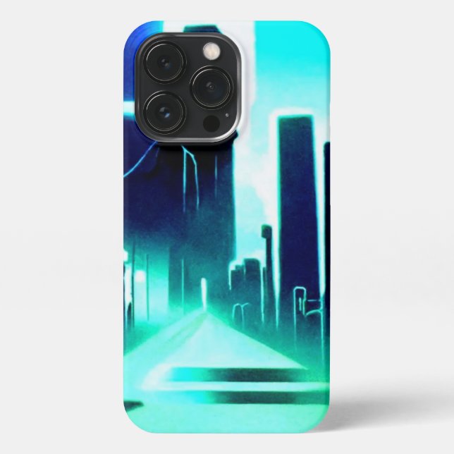 Funda Para iPhone Ciudad futurista azul y cian crudo (Reverso)