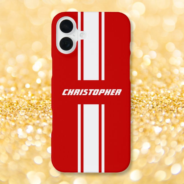 Funda Para iPhone Clásico Estilo Rojo Tiras de Carreras Blanco Monog (Classic Stylish Red White Racing Stripes Monogram iPhone Case)