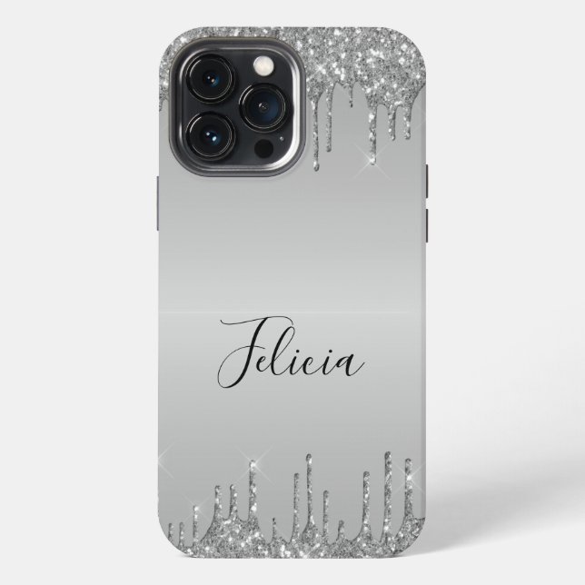 Funda Para iPhone Clásico Purpurina con gota de plata monogramada (Reverso )