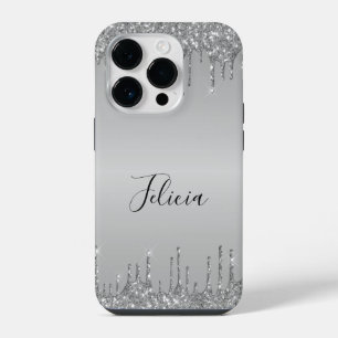 Funda Para iPhone 14 Pro Clásico Purpurina con gota de plata monogramada