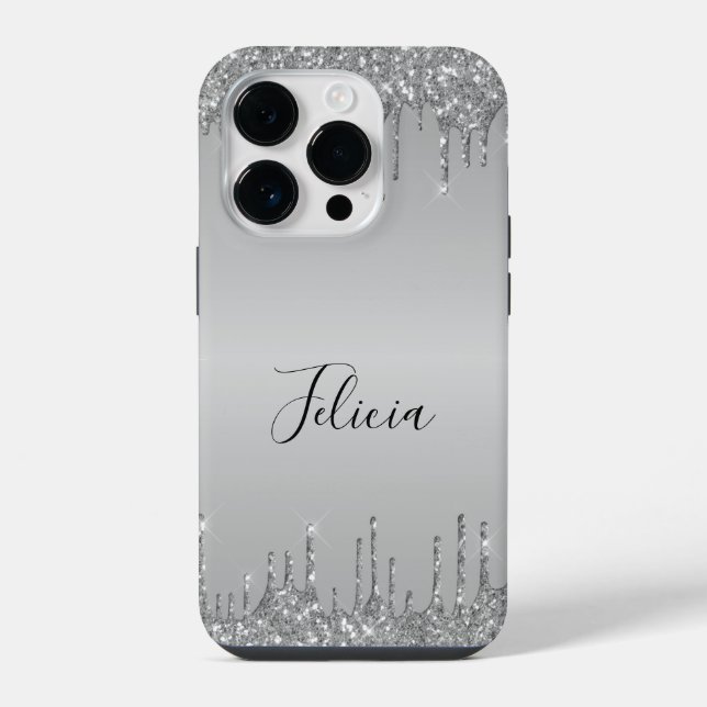Funda Para iPhone Clásico Purpurina con gota de plata monogramada (Reverso )