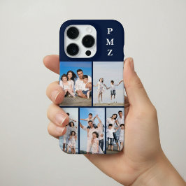 Funda Para iPhone 16 Pro Colage de Fotos Moderno Monograma 5 Azul Marino Os