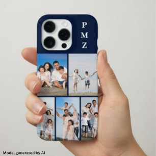 Funda Para iPhone 16 Pro Colage de Fotos Moderno Monograma 5 Azul Marino Os