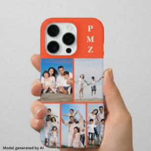 Funda Para iPhone 16 Pro Colage de Fotos Moderno Monograma 5 Naranja Caqui