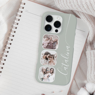 Funda Para iPhone 16 Pro Colage de Fotos Personalizado Verde Salvia