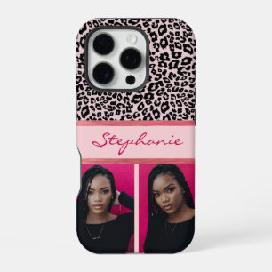 Funda Para iPhone 16 Pro Colaje de fotos con estampado de leopardo rosa hie