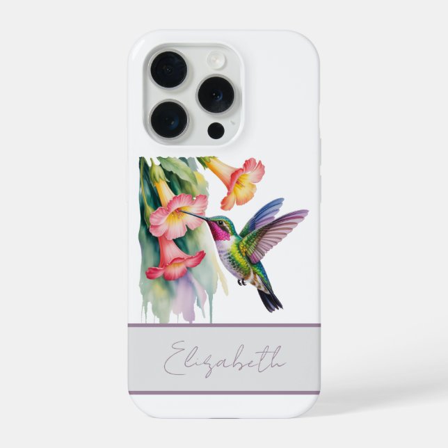 Funda Para iPhone Colibrí en acuarela con flores (Reverso )