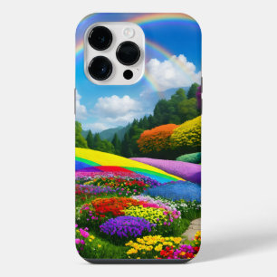 Funda Para iPhone 14 Pro Max Colinas arcoiris y flores dos