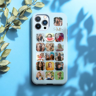 Funda Para iPhone 16 Pro Max Collage de 16 fotos Azul Pastel y Monograma
