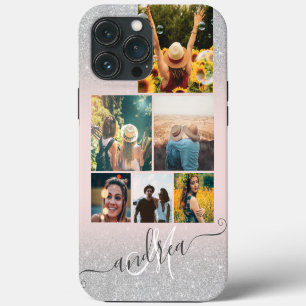 Funda Para iPhone 13 Pro Max Collage de 6 fotos en monograma de purpurina plate