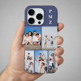 Funda Para iPhone 16 Pro Collage de Fotos 5 Monograma Moderno Azul Crepuscu