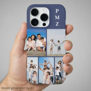 Funda Para iPhone 16 Pro Collage de Fotos 5 Monograma Moderno Azul Crepuscu
