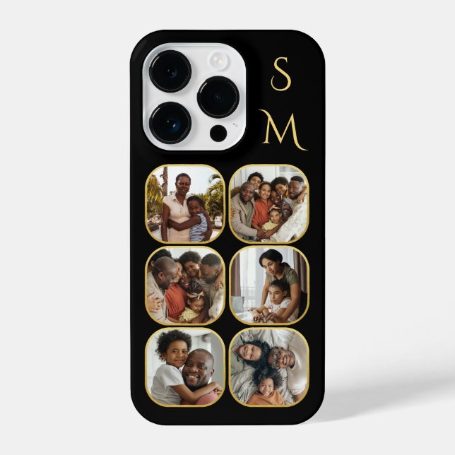 Funda Para iPhone Collage de fotos Iniciales Oro Negro Elegante (Reverso )