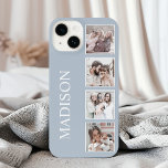 Funda Para iPhone 14 Collage de fotos personalizado Dusty Blue personal<br><div class="desc">Personalizar tu teléfono con nuestro polvoriento funda azul, con un nombre personalizado y un monograma, junto con hasta 4 de tus fotos favoritas. Crea un accesorio único y elegante que refleja tu personalidad y estilo. Nuestros fundas de alta calidad ofrecen una protección duradera para su equipo mientras muestran su toque...</div>