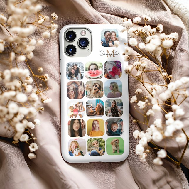 Funda Para iPhone Collage de fotos y monograma blanco moderno 16 (Subido por el creador)