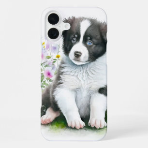 FUNDA PARA iPhone 16 PLUS COLLIE PUPPY PERRO BLANCO Y NEGRO