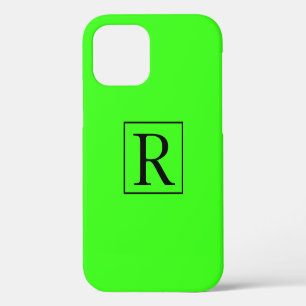 Funda Para iPhone 12 Color Sólido Verde Neón Monograma Iniciales Brilla