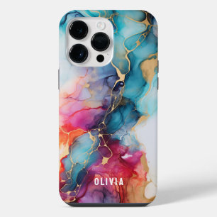 Funda Para iPhone 14 Pro Max Colorida textura de tinta de alcohol de moda, cian