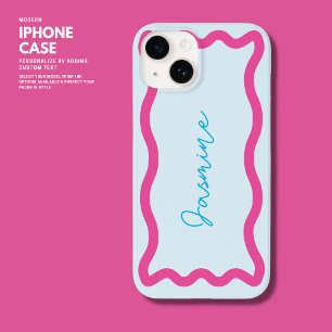 Funda Para iPhone 14 Colorido Monograma Moderno de Azul y Rosa con Bord