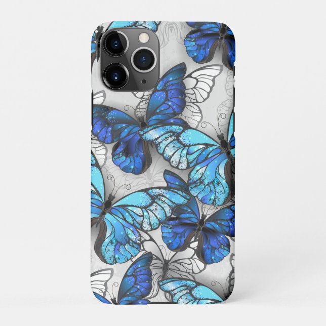 Funda Para iPhone Composición de mariposas blancas y azules (Reverso)