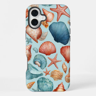 Funda Para iPhone 16 Plus Conchas Costeras y Patrón de Estrellas de Mar