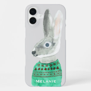 Funda Para iPhone 16 Plus Conejo de acuarela en suéter gris personalizado