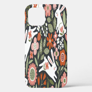 Funda Para iPhone 12 Conejos blancos, patrón de cosecha floral.