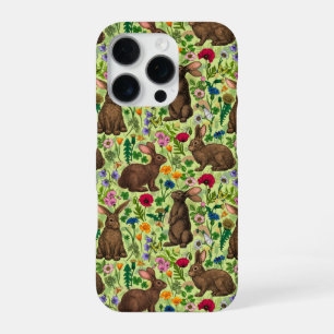 Funda Para iPhone 16 Pro Conejos y flores silvestres en verde miel
