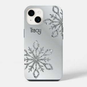 Funda Para iPhone 14 Copo de nieve con purpurina plateada personalizado