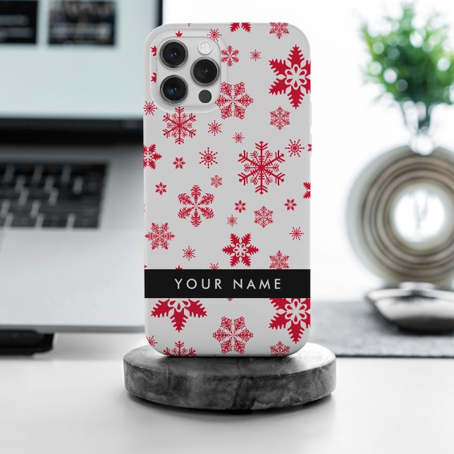 Funda Para iPhone Copos de nieve rojos, tu nombre, personaliza (Subido por el creador)