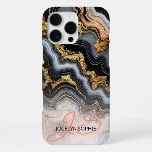 Funda Para iPhone 16 Pro Max Coral Negro Rosa Mármol Dorado Patrón Artístico