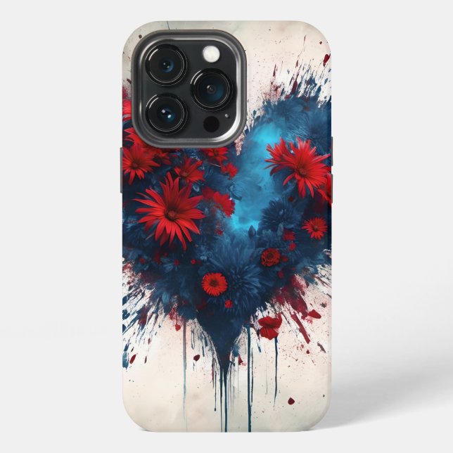 Funda Para iPhone Corazón Azul Burbujeante con Flores Rojas (Reverso )
